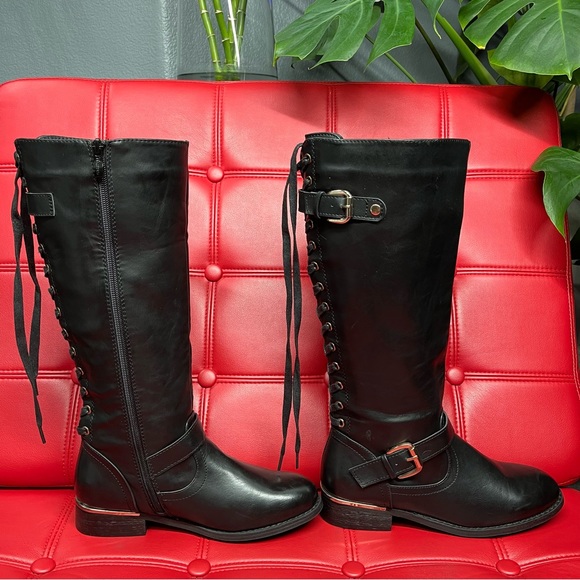 Wanted Shoes - Wanted Black Faux Leather Buckles & Back Lace Up Moto Boots Sz8 Inner Zip NWOT